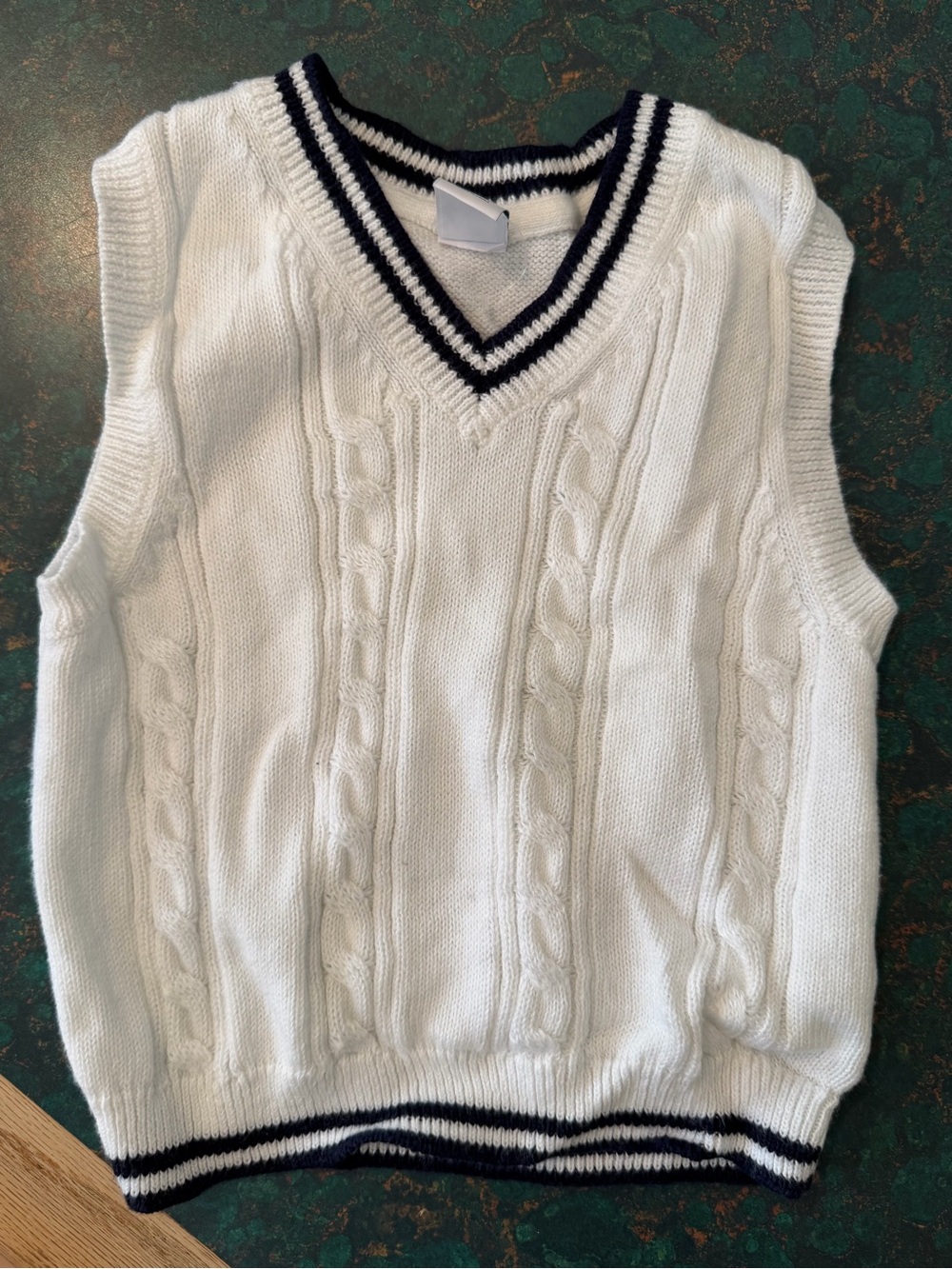 J&J White Cable Knit V-Neck Sweater Vest with Navy Trim